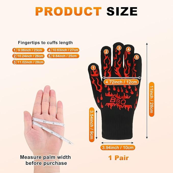 1-Pair BBQ Gloves, 1472°F Heat Resistant Non-Slip Grilling Oven Gloves for Barbecue/Baking/Cooking [S Size, Red]