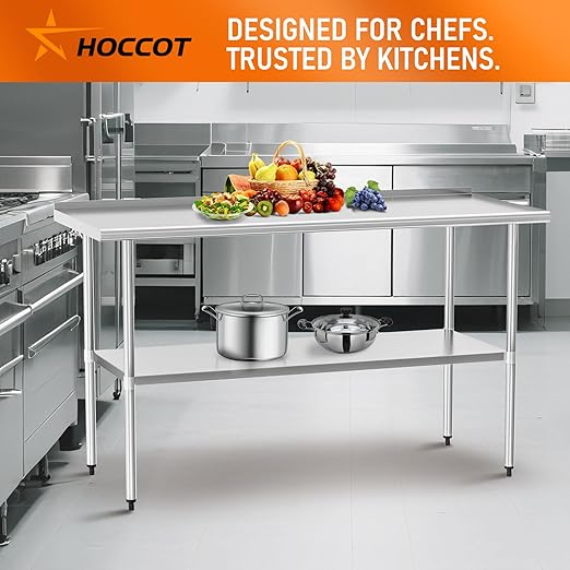 HOCCOT Stainless Steel Table 30" x 60" with Adjustable Undershelf and Backsplash, Commercial Metal Workstations for Kitchen, Garage, Outdoor BBQ
