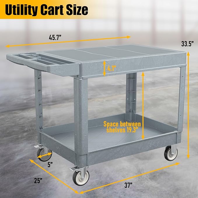 2 Tier Rolling Utility Cart on Wheels, 550 lbs Capacity Flat Top Plastic Tool Cart with Lipped Shelves, 46 x 26-Inch Heavy Duty Work Cart for Warehouse, Garage, Cleaning, Gray
