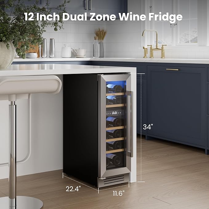 Yeego 12 Inch Wine Fridge Cooler - 17 Bottles Dual Zone Wine Cooler with Glass Door, 40-65℉ Built-In or Freestanding Refrigerator, Under Counter Wine Fridge for Kitchen Bar Office (Left-Hinged)