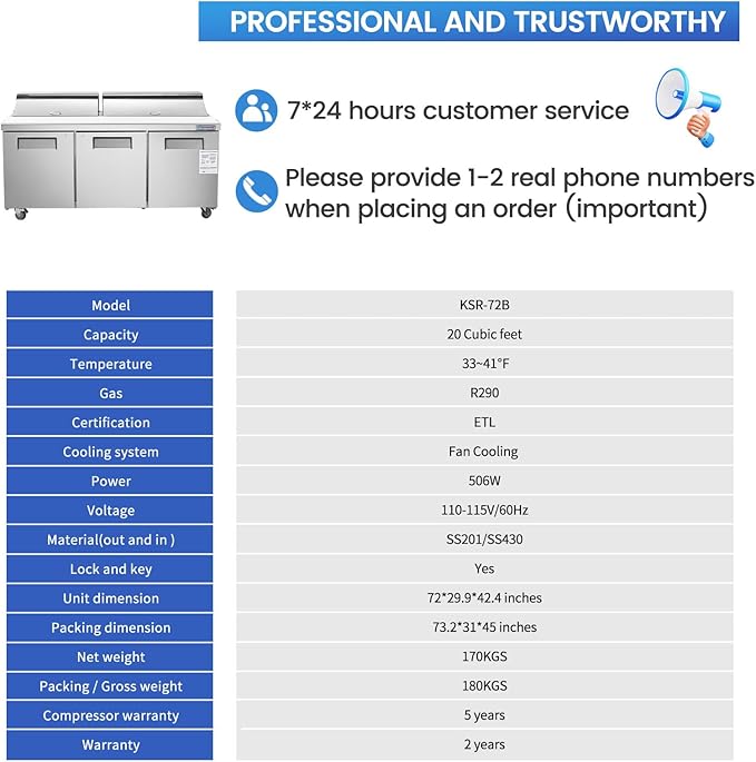 72" W 3 Door Refrigerator Sandwich Salad Prep Table Commercial Stainless Steel Fan Cooling Refrigerator with Cutting Board, 3 Shelves & 18 Pans for Restaurant, Bar, Shop-20 Cu.ft