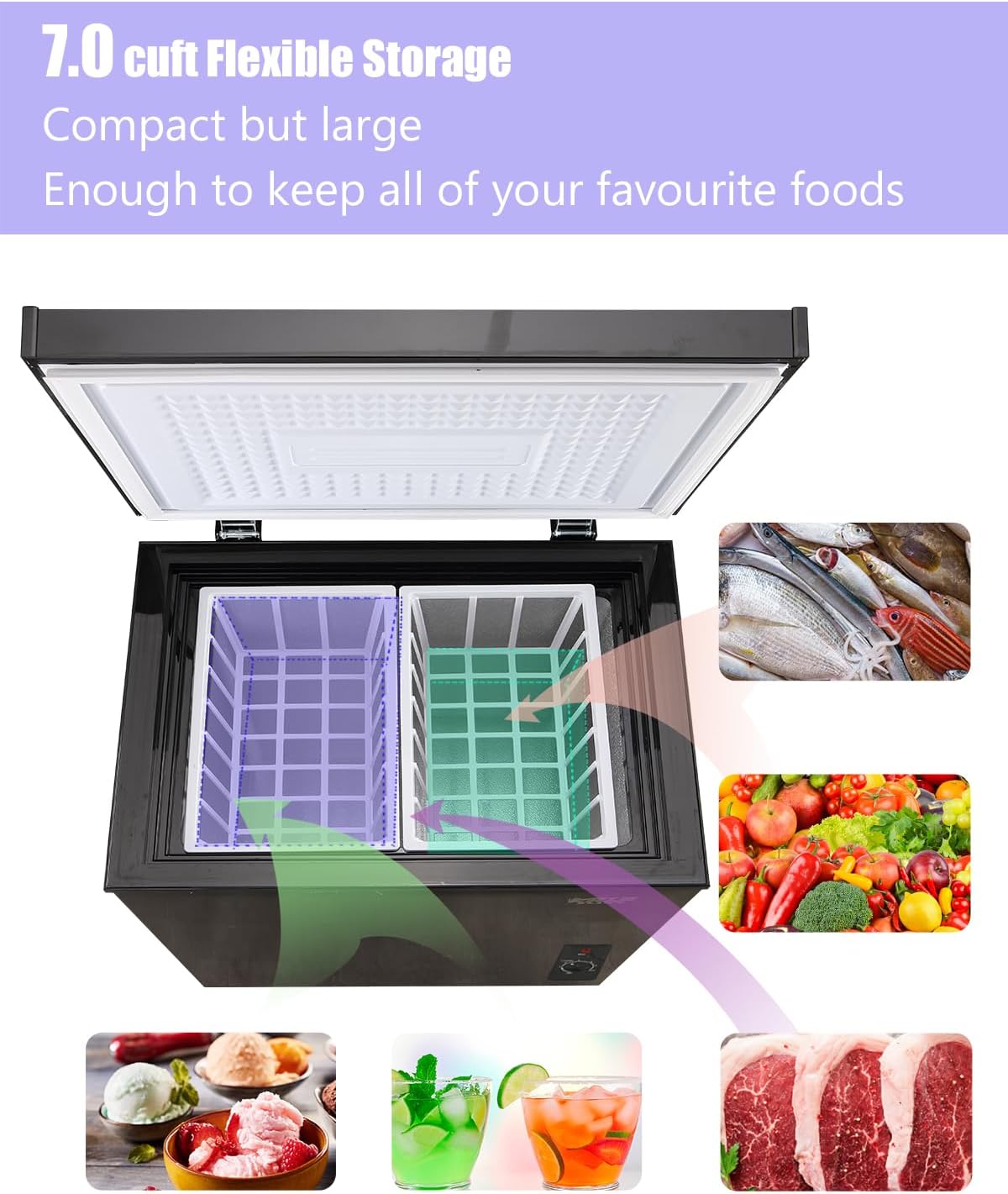 7.0 Cu.Ft Chest Freezer with Removable Basket, Deep Compact Freezer with 7 Gears Temperature Control(-4°F to 6.8°F), for House, Kitchen, Garage, Basement, Shop, Black
