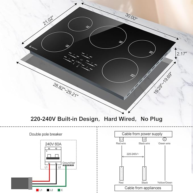 AMZCHEF 30 Inch 10600W Induction Cooktop With 5 BOOST Burners, 9 Levels Electric, Built-in Control by Slide Touchscreen, Child Safety Lock, Independent Timer, No Plug, 240V