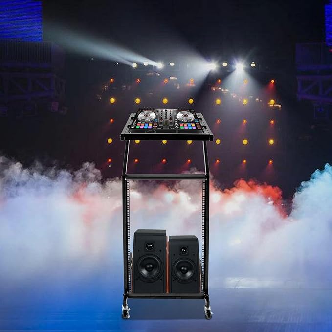 9U/12U/16U DJ Mixer Stand Adjustable Rack, Rack Mount Mixer Case Stand Studio Equipment Cart Stage Amp DJ Rolling (16U)