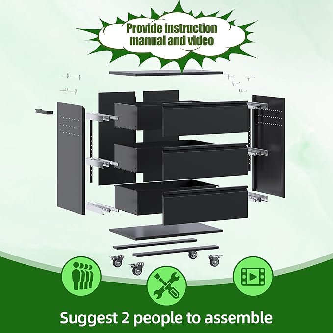 Aobabo Garage Storage Cabinet with 3 Drawers and 4 Hooks,Metal Storage Cabinet with Wheels for Garage Home,Required Assembly,Black,18.11" D x 30.3" W x 35.4" H
