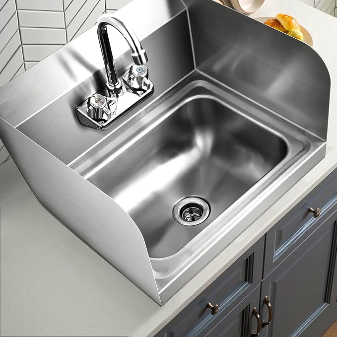Giantex Stainless Steel Hand Sink with Faucet, Side Splash, Two Temperature Water Inlet, 17" x 15" Commercial Sink for Restaurant, Kitchen, Wall Mount
