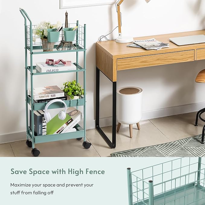 danpinera Rolling Utility Cart with Wheels, 4 Tier 7.7'' Metal Rolling Narrow Storage Cart with Hooks and Hanging Cups on Wheels for Bathroom, Kitchen, Office and Small Spaces, Green