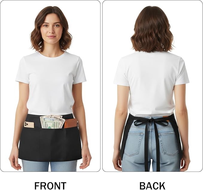 BOHARERS Waist Apron with 3 Pockets - Black Waitress Waiter Server Short Aprons