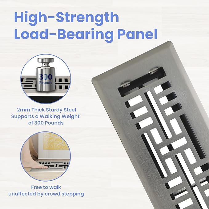 2x12 Inches Heavy Duty WalkSNle Floor Register Easy Adjust Air Supply Lever Floor Vents - Seattle Design - Vent Cover for Home Floor - Satin Nickel