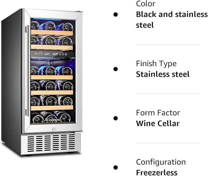 AAOBOSI 15 Inch Wine Cooler Refrigerator, 28 Bottles Dual Zone Wine Fridge with Double-Layer Glass Door and Temperature Memory Function,Built-in or Freestanding
