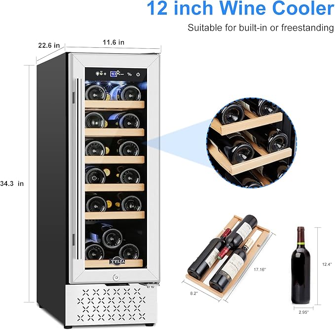 Tylza 12" Wine Cooler Refrigerator, 18 Bottles Capacity, Compact Freezerless, Temperature Stability, Low Noise, Double-Layer Tempered Glass Door