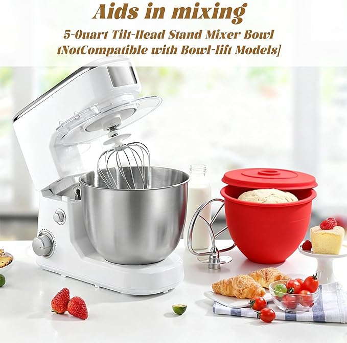 Silicone Kitchen Bowl Liner, Mixing Bowl Accessory with Lid, and Baking & Cooking Attachment for 5-Quart Tilt-Head Stand Mixers—No Bowl Replacement Required
