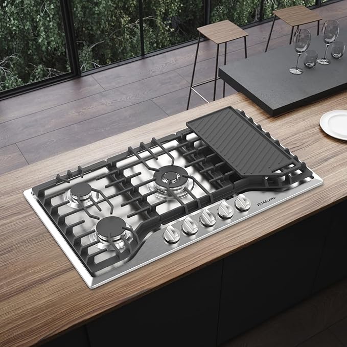 GASLAND 36 Inch Gas Cooktop, PRO GH3365SF 5 Burner Gas Stovetop with Reversible Cast Iron Grill/Griddle, Plug-in, NG/LPG Convertible Cooktops, Stainless Steel