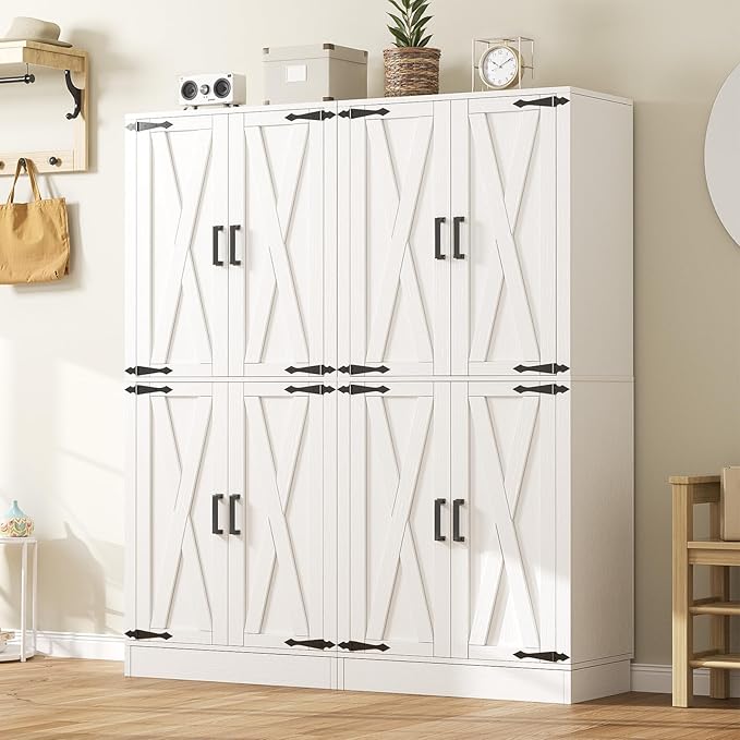 Unikito 71" Tall Kitchen Pantry Cabinet with Farmhouse Barn Doors and Storage Drawer, 8 Adjustable Shelves, Freestanding Cupboard for Dining Room, Living Room, Utility Room, White, 2 Pack