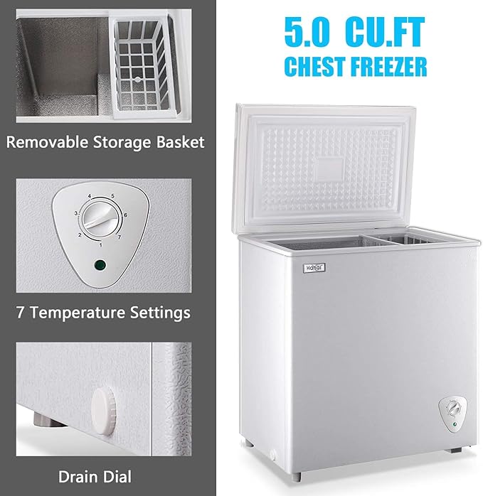 Chest Freezer 5.0 Cu.Ft Small Deep Freezer White Top Door Mini Freezer with Removable Basket, Low Noise, 7 Adjustable Temperature and Energy Saving Perfect for Home Garage Basement Dorm or Apartment