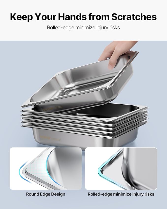 VEVOR 4 Pack Stainless Steam Hotel Pan, 1/2 Size Table Steam Pan, 2.5 Inch Deep Anti Jam Restaurant Supplies Reusable Rustproof Catering Storage for Home, Party, Restaurant, Hotel, Buffet