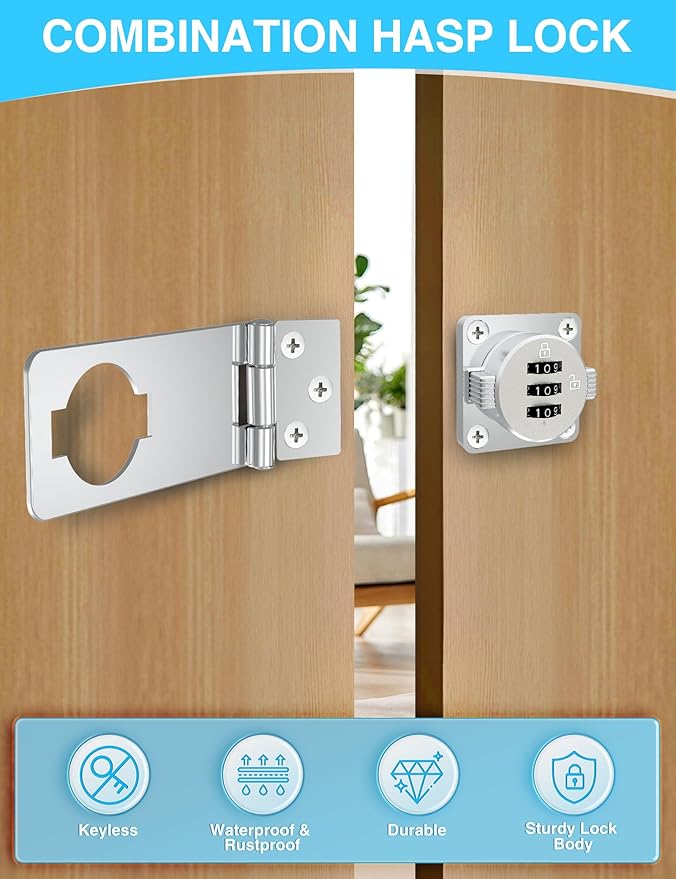 Keyless Cabinet Combination Lock, 3-Digit Password Twist Knob Hasp Latch for Doors, Cabinets, Drawers, Barn Door, Bathroom, Outdoor, Closet, Fence, Durable Zinc Alloy, (Silver, 1 Pack)