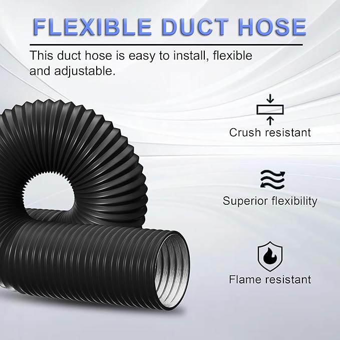 10 Inch Flexible Ducting Hose 8 Feet Black Aluminum Ducting -4 Layer Protection Dryer Vent Hose for HVAC Heating Cooling Ventilation and Exhaust, 2 Clamps Included