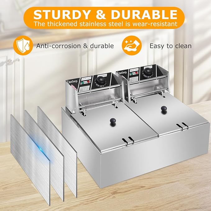22.8QT/21.6L Commercial Deep Fryer with Basket and Lid, 5000W Electric Fryer, Countertop Oil Fryer for French Fries, Onion Rings, Donuts, Temperature Adjustable 140-392℉, Stainless Steel Double Tank