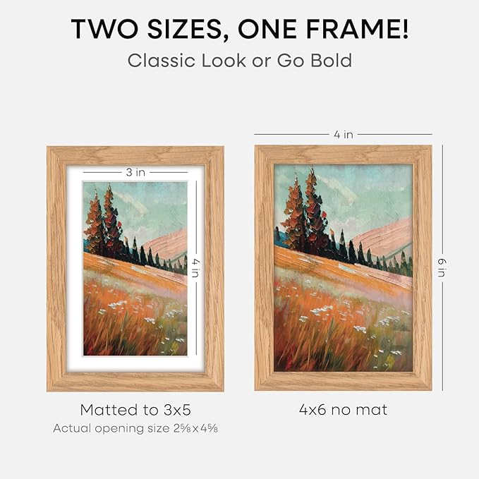 Homeforia 4x6 Picture Frame Wood, High End Natural Oak 4x6 Light Wooden Frames with Mat 3x5 for Photo, 4 x 6 Frame Matted to 3 x 5 Print, 6x4 Wall or Tabletop Frame, Tempered Glass, Wall Kit, Set of 3