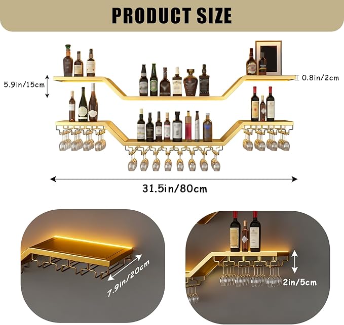 31.5in Modern LED Wine Rack Wall Mounted, 3-Tier Floating Bar Shelves with Wine Glass Rack, Large Hanging Liquor Shelf Wall Mounted, for Home Bar Dining Room Cafe Decorative (Gold, 31.5in/80cm)