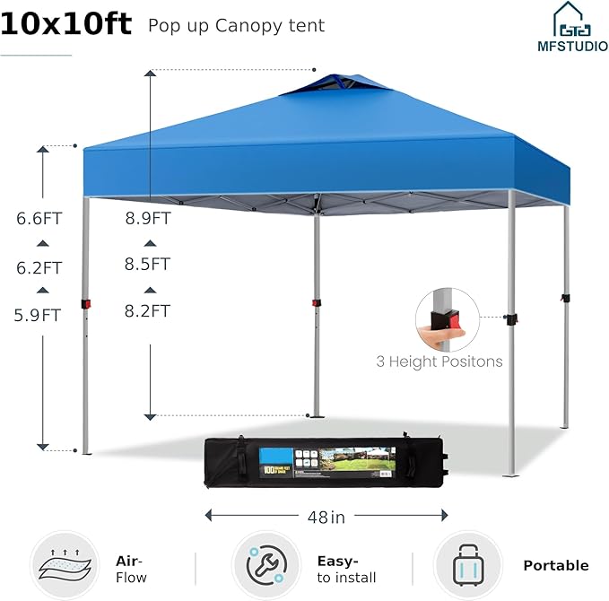 MFSTUDIO 10x10 Pop Up Canopy Tent, Gazebo Shelter Sun Shade Canopies Waterproof Patio Portable Popup Screened Tents for Beach,Parties,Camping,Blue
