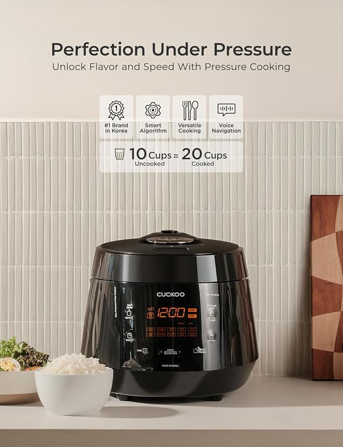 CUCKOO High Pressure Rice Cooker 10-Cup Uncooked / 20-Cup Cooked with Nonstick Inner Pot, Large Rice Maker with 13 Menu Options and Steam Plate, Fuzzy Logic Tech, Auto Clean, Black (CRP-PK1001S)