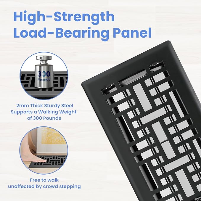 4x8 Inches Heavy Duty Walkable Floor Register Easy Adjust Air Supply Lever Floor Vents - Seattle Design - Vent Cover for Home Floor - Matte Black
