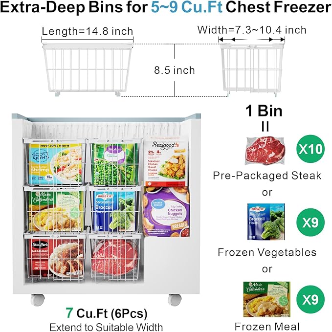 iSPECLE Freezer Organizer Bins - 6 Pack Adjustable Width for 5 to 7 Cu.Ft Chest Freezers, Stackable Wire Storage Baskets, Assembly Required, White