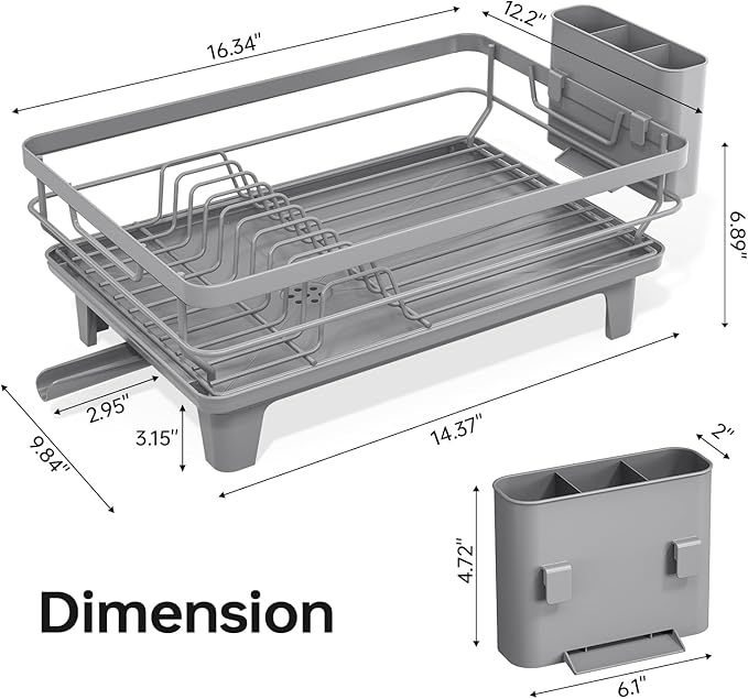 TOOLF Space-Saving Dish Drying Rack, Multifunctional Dish Rack for Kitchen Counter,Sink Dish Drainer Rack, Dishes Strainer with Drain Board & Cutlery Holder, Compact Dryer Rack,Gray