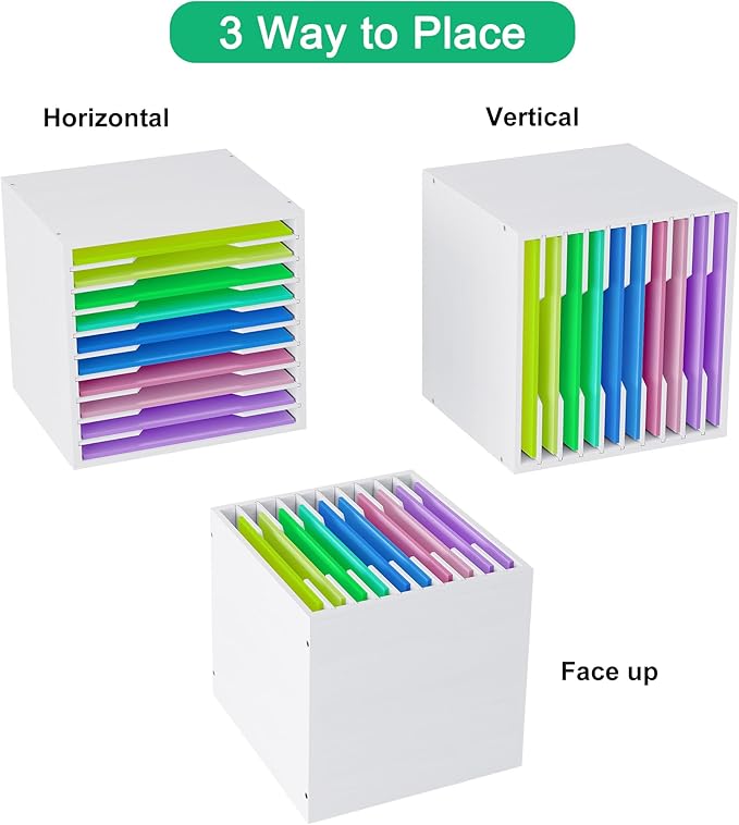EasyPAG Scrapbook Paper Storage Organizer for Craft Room, 12x12 Paper Storage Desk Shelf, 10 Slot Adjustable File Sorter for Office School Classroom, White