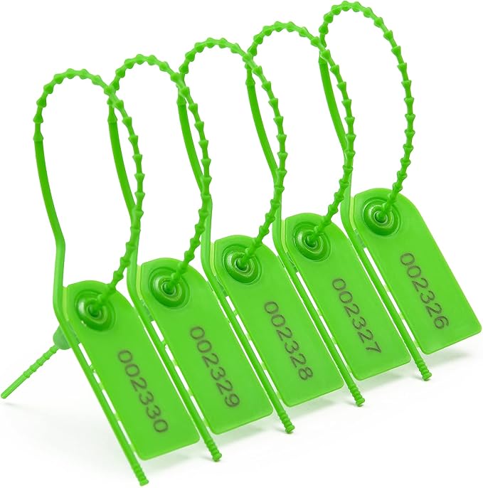 100 PCS Plastic Tamper Seals Pull Tight Security Seals Tags Breakaway Seals Numbered Zip Ties Disposable Self-Locking Ties for Fire Extinguisher, Tear Off Type, 210mm Length