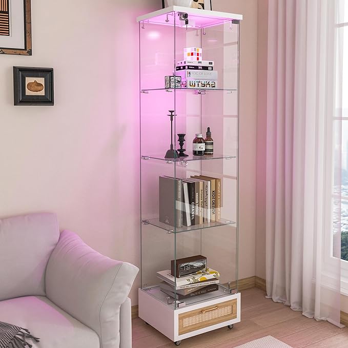 Yoluckea 4 Tiers Glass Display Cabinet with LED Lighting and Drawer, 1 Door Floor Standing Curio Cabinet with Wheel for Home, Office, Corner Display, White Glass Bookshelf for Collections and Decor
