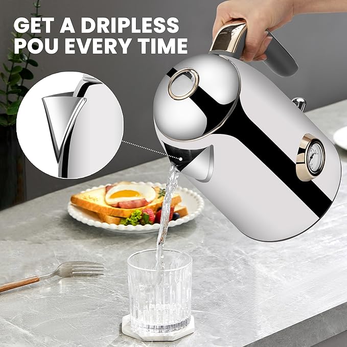 SUSTEAS Electric Kettle - 57oz Hot Tea Water Boiler with Thermometer, 1500W Fast Heating Stainless Steel Pot, Cordless LED Indicator, Auto Shut-Off & Boil Dry Protection, Glossy Silver