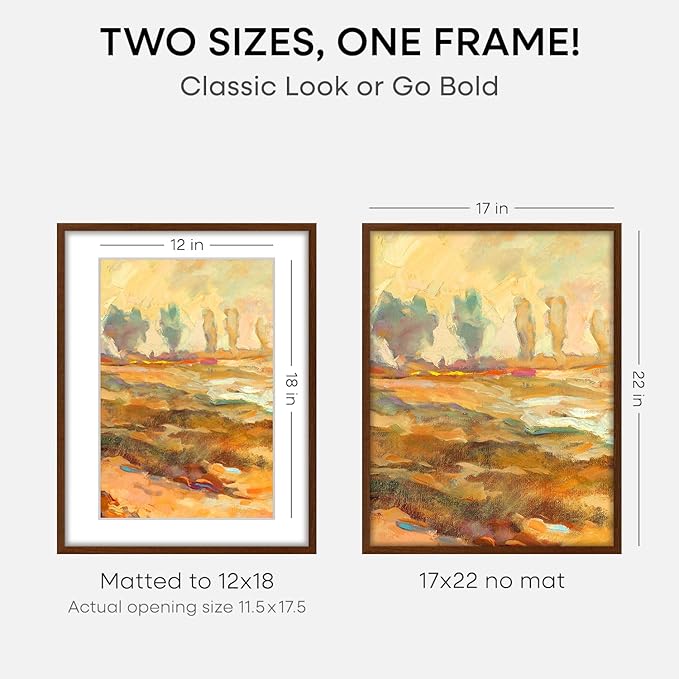 Homeforia 17x22 Picture Frame Brown, High End Dark Oak 17x22 Poster Wood Frame with Mat 12x18 for Photo, 17 x 22 Wooden Walnut Frame Matted to 12 x 18, 22x17 Frames, Tempered Glass, Wall Kit, Set of 2