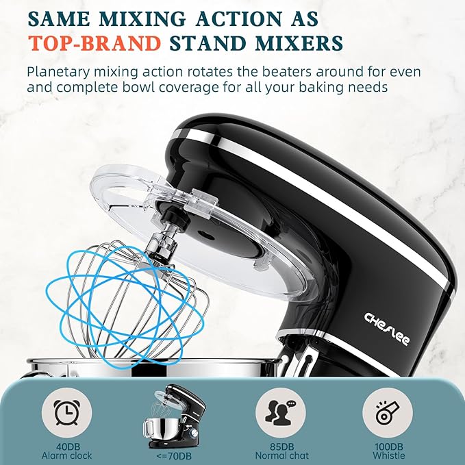 CHeflee Stand Mixer,660W 6+P With 6.5QT Stainless Steel Bowl,Dough Hook, Wire Whip & Beater,for Most Home Cooks (Black)