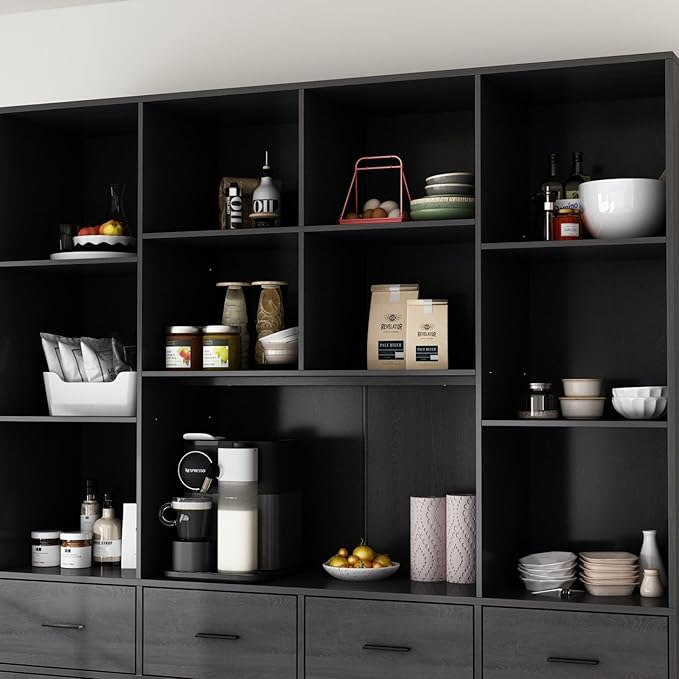 MOUMON Pantry Storage Cabinet with 4 Drawers & 4 Doors, Large Kitchen Pantry Cabinet with Shelves, Hutch Storage for Kitchen Living Room Hallway, Black, 15.7”D x 63”W x 78.7”H