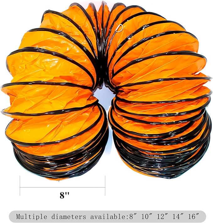 8"×16.4FT PVC Flexible Duct Hose, Flame Retardant HVAC Ducting with Adjustable Rope, D Hook & Steel Support for Ventilation, Exhaust, Drying, and Cooling Applications