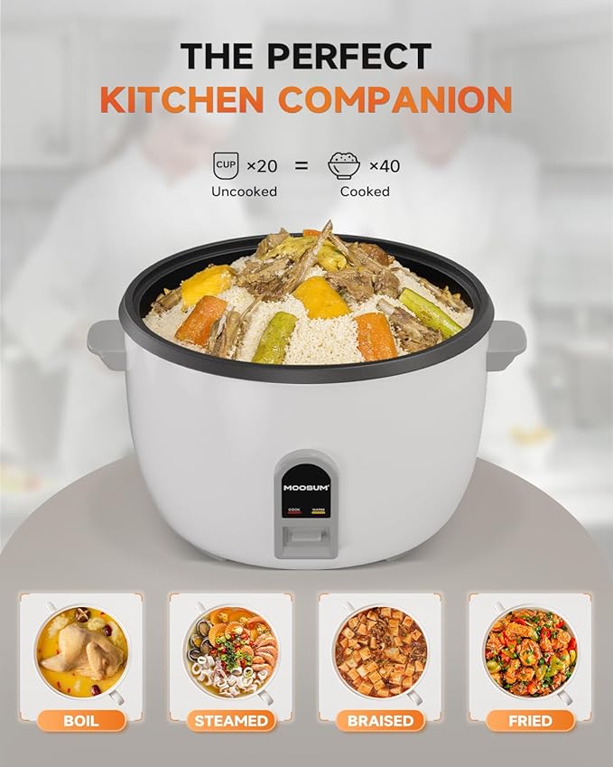 Commercial Rice Cooker, Large Capacity 20-Cup (UnCooked), 40-Cup (Cooked) with One Touch Operation and 12-Hour Keep Warm, Easy to Use and clean, 1200W