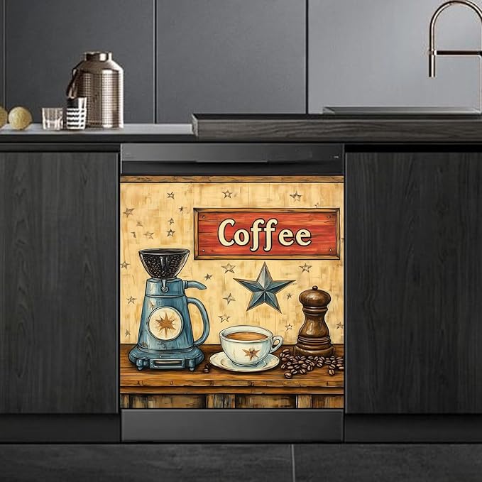 Vintage Coffee Dishwasher Magnet Cover,Retro Coffee Maker Magnetic Dishwasher Cover Vinyl Sticker,Coffee Bean Fridge Door Cover Magnets Art Skin Panel Decal,Home Decor Decal,23"X26"