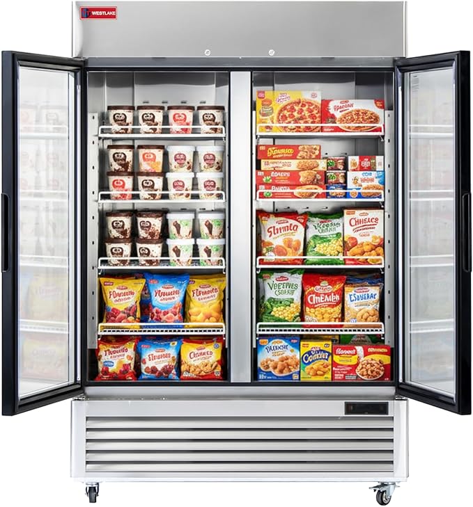 WESTLAKE 54" W Commercial Display Freezer 2 Glass door 49 Cu.ft Stainless Steel Merchandiser Reach-in Upriht Fan Cooling Digital Temperature Control Display Freezer for Restaurant, Bar, Shop, etc