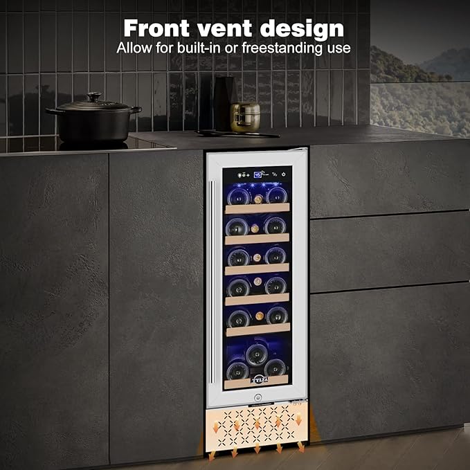 Tylza 12" Wine Cooler Refrigerator, 18 Bottles Wine Fridge Built-in or Freestanding with Stainless Steel & Double-Layer Tempered Glass Door, Compressor Fast Cooling, Low Noise and No Fog, Mini Fridge