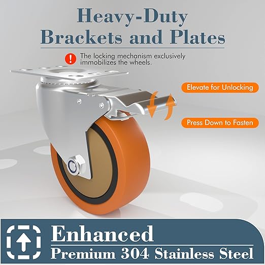 4 Inch 304 Stainless Steel Swivel Caster with Brake, Set of 2, Heavy Duty Industrial & Commercial Anti-Corrosion Casters for Hospital, Lab Equipment, Food Service, Furniture