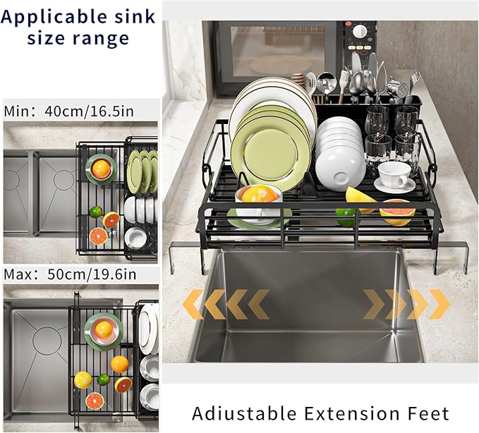 MIKEE Small Dish Drying Rack for Kitchen Counter, Expandable Rustproof Dish Drainer - Over The Sink Dish Drying Rack with 360° Rotating Drain, Kitchen Utensil Holder, Home and Kitchen Organization