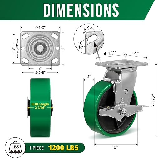 6 Inch Caster, Heavy Duty Caster with Strong Load-Bearing, Polyurethane Caster on Steel Hub, Supports 1200 lbs Each(2 Pack Brake)