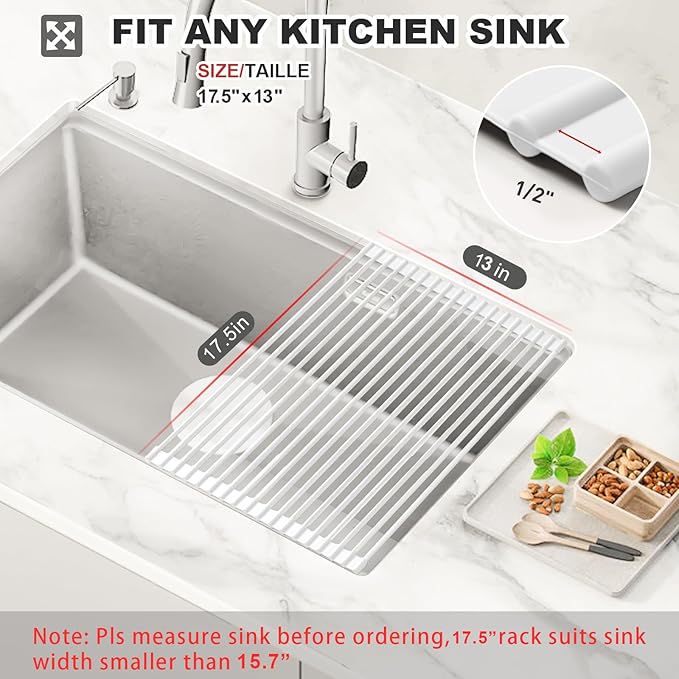 MERRYBOX Roll Up Dish Drying Rack, Silicone Wrapped Over The Sink Dish Rack Foldable Dish Drainer Anti-Slip Dish Racks for Kitchen Sink, Multipurpose Kitchen Sink Drying Rack, 17.5" x 13", White