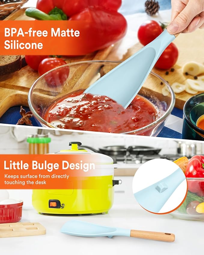 Cooking Spoon for Nonstick Cookwares, Great for Cooking and Serving Sturdy BPA-Free Matte Silicone, Wood Handle Spoon for Mixing, Scoop, and Scrape (BLUE, 11.4 inch)