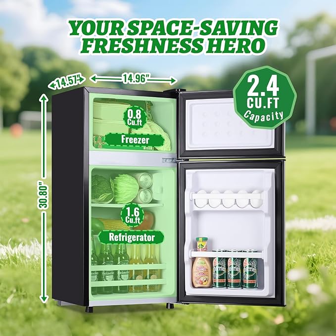 2.4 Cu.ft Mini Fridge with Top Freezer Apartment Size Dual Door Compact Refrigerator for Personal Use Small Fridge with Egg tray, 7 Temperature Control For Dorm, Silver