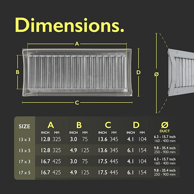 13" x 5" Grille for Round Spiral Duct - Galvanized Steel Register Vent Cover for HVAC Ducting System - 2 Way Adjustable Louver Blades - Air Duct Ventilation Grill Conditioner/Air Exhaust