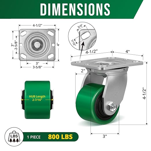 3 Inch Caster Wheels, Heavy Duty Caster with Strong Load-Bearing, Polyurethane Wheel on Steel Hub, Supports 800 lbs Each(2 Pack Swivel)